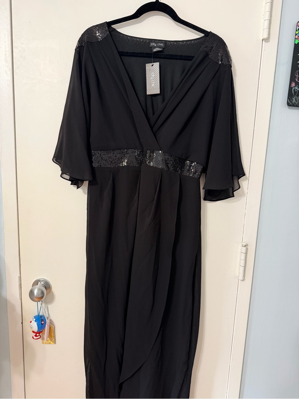 City Chic Black Sequin-Trim V-Neck Maxi Gown